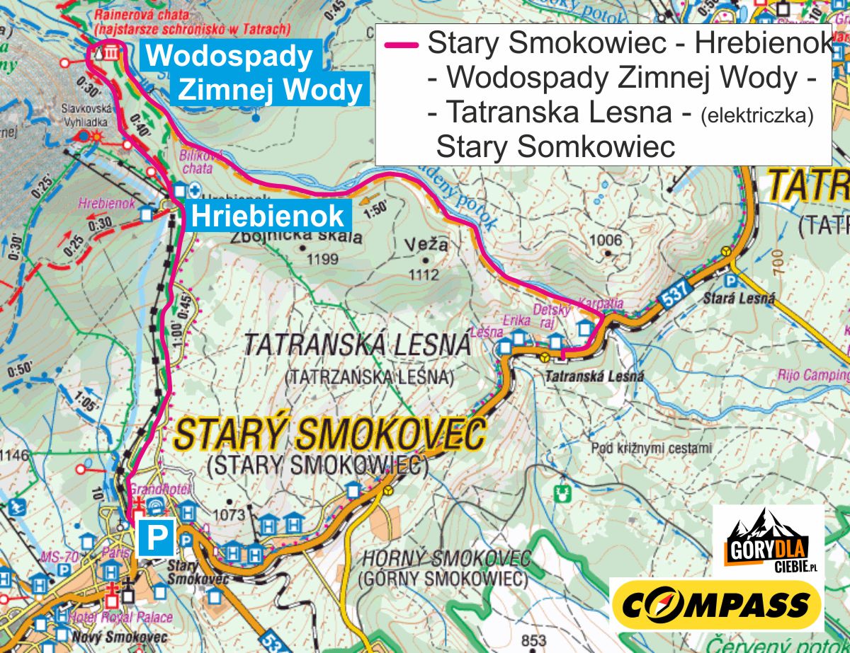 Hrebienok i Wodospady Zimnej Wody - mapa trasy