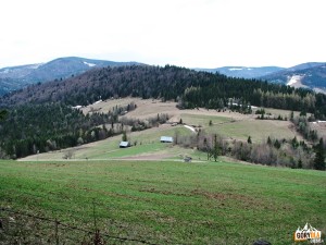 Przełęcz Przysłopek i Myszyca 877 m, w tle Gorce