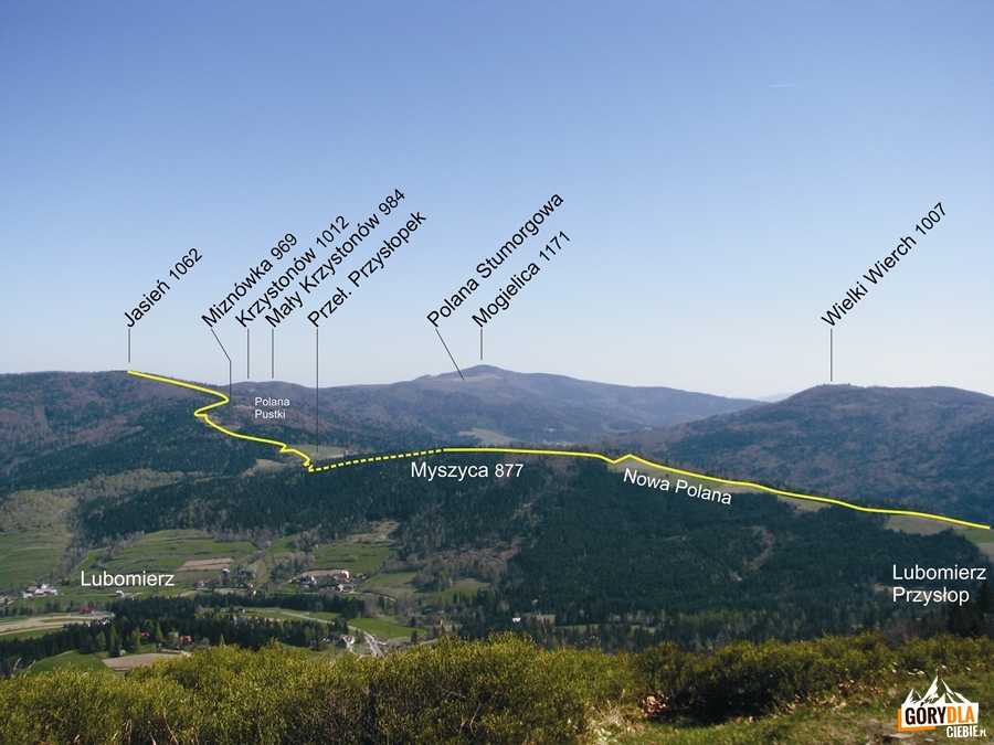 Plan żółtego szlaku z Przełęczy Przysłop na Jasien 1062 m