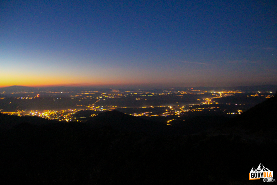 Zachód słońca - widok z Przełęczy między Kopami na Babią Górę, Zakopane i okolice