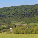 Panorama z drogi nad Myscową - cerkiew na tle lasu, przełom Wisłoki między Kamieniem a Suchanią