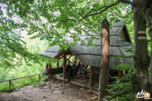 Drewniana wiata turystyczna przy czerwonym szlaku Brzegi Górne - Caryńska
