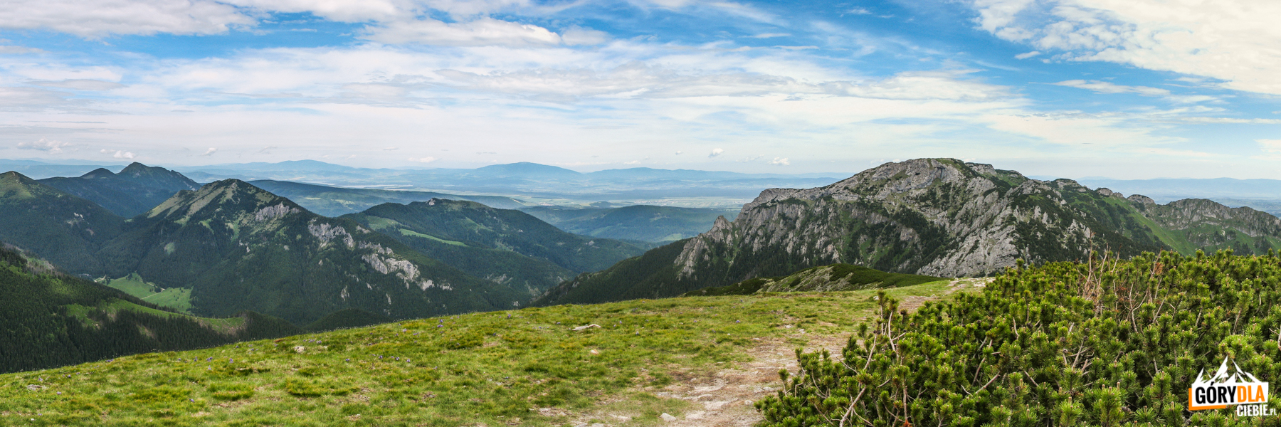 Widok z Suchego Wierchu Ornaczańskiego (1832 m) na Bpbrowiec (1663 m) i Kominarski Wierch (1829 m), na horyzoncie widoczne Pilsko (1557 m) i Babia Góra (1725 m)