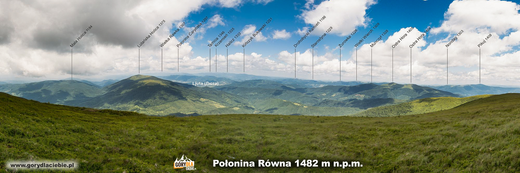Połonina Równa (1482 m) - panorama z opisem szczytów