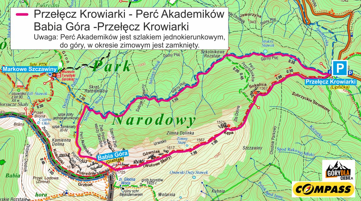 Babia Góra Perć Akademików - mapa trasy
