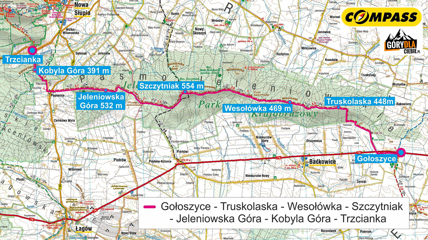 Główny Szlak Świętokrzyski z Gołoszyc do Trzcianki - mapa