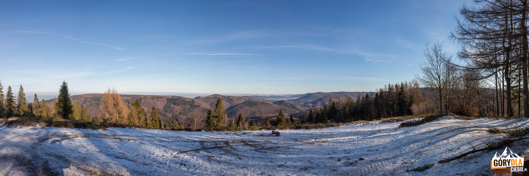 Widok ze szczytu Kiczery (827 m) na Beskid Mały: od Bukowskiego Gronia (767 m) - od lewej, po Potrójną (883 m)