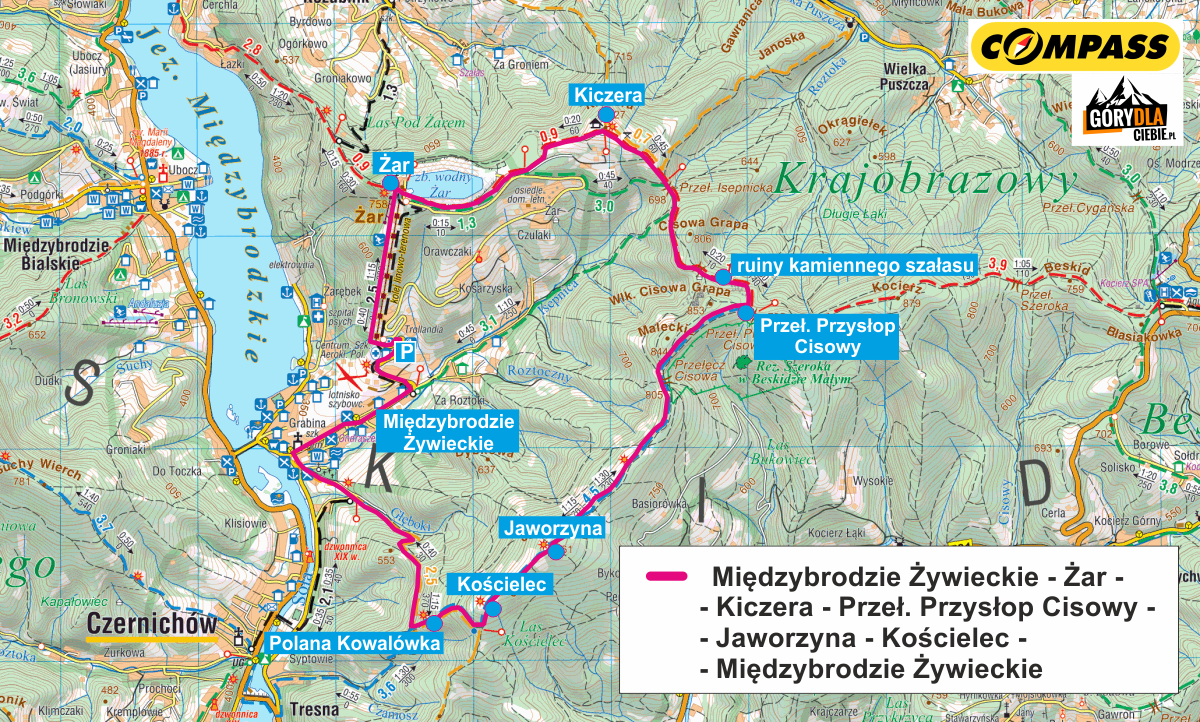 Góra Żar i pętla wokół Międzybrodzia Żywieckiego - mapa trasy