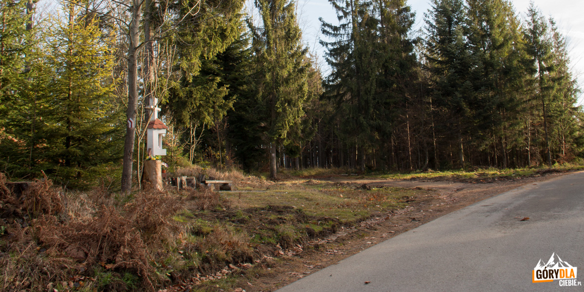Kapliczka przy asfaltowej drodze na Stecówce – czerwony szlak skręca w kierunku Shroniska Przysłop