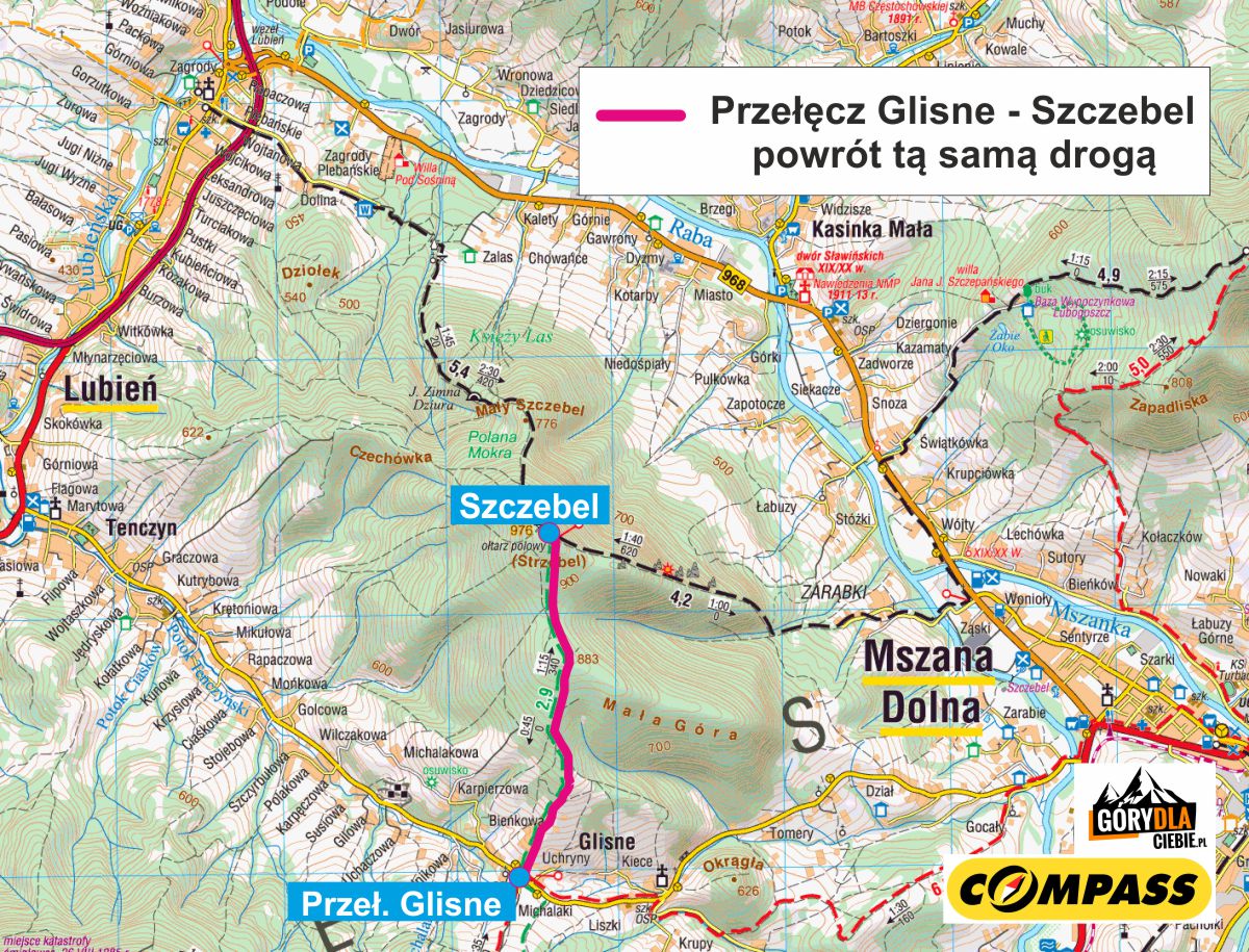 Szczebel z Przełęczy Glisne - mapa trasy 